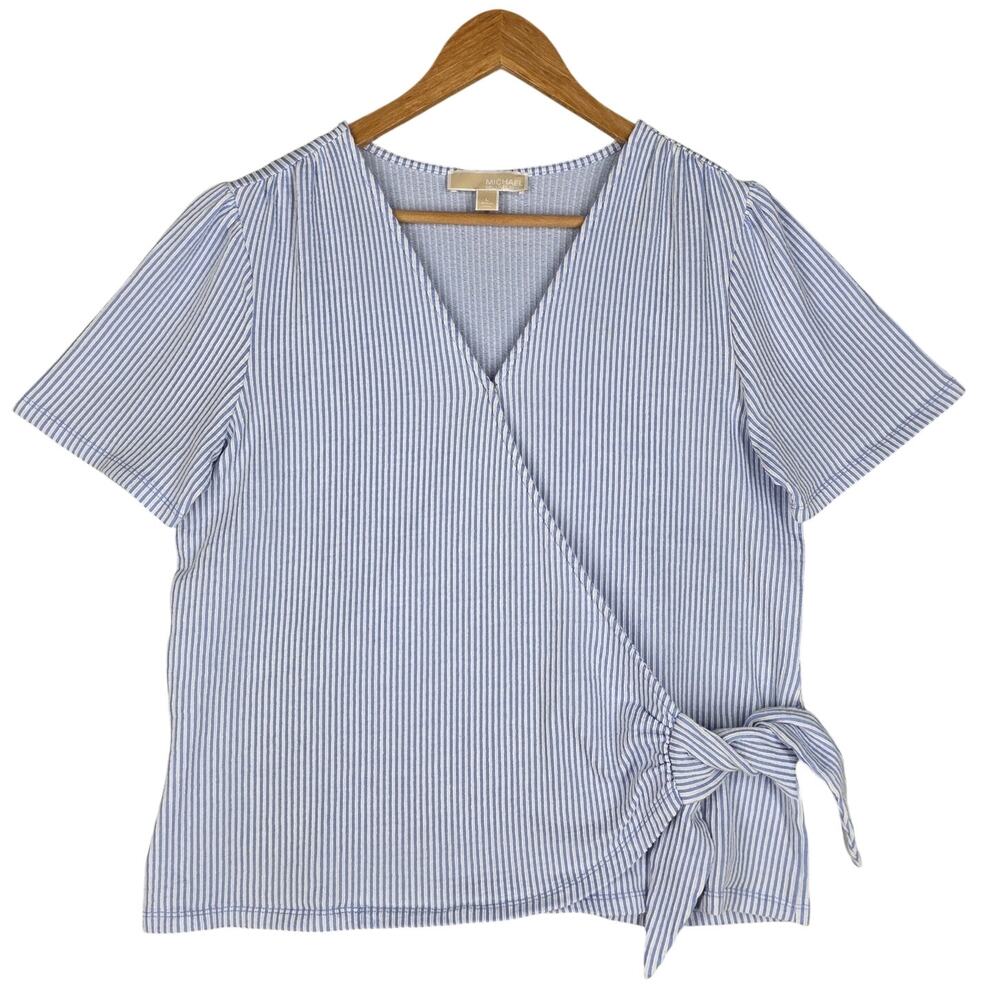 MICHAEL KORS WOMEN'S STRIPED WRAP BLOUSE – BLUE/WHITE – SIZE LARGE